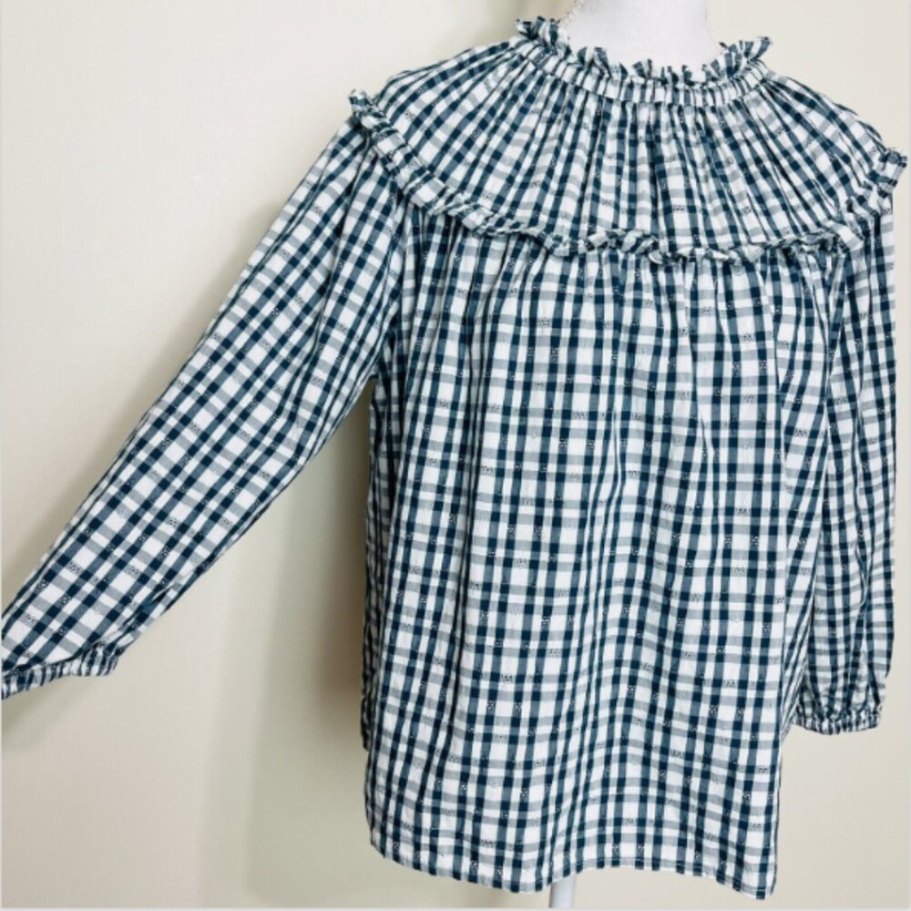 G00331 Universal Threads Blouse Teal White Gingham Ruffle Long Sleeve MEDIUM - Picture 4 of 10